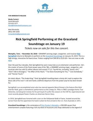 Rick Springfield Performing at the Graceland Soundstage on January 19 Tickets Now on Sale for This Live Concert