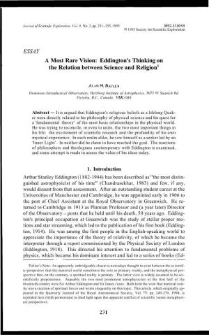 ESSAY a Most Rare Vision: Eddington's Thinking on the Relation Between Science and Religion1