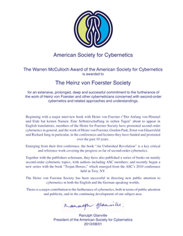 American Society for Cybernetics the Heinz Von Foerster Society