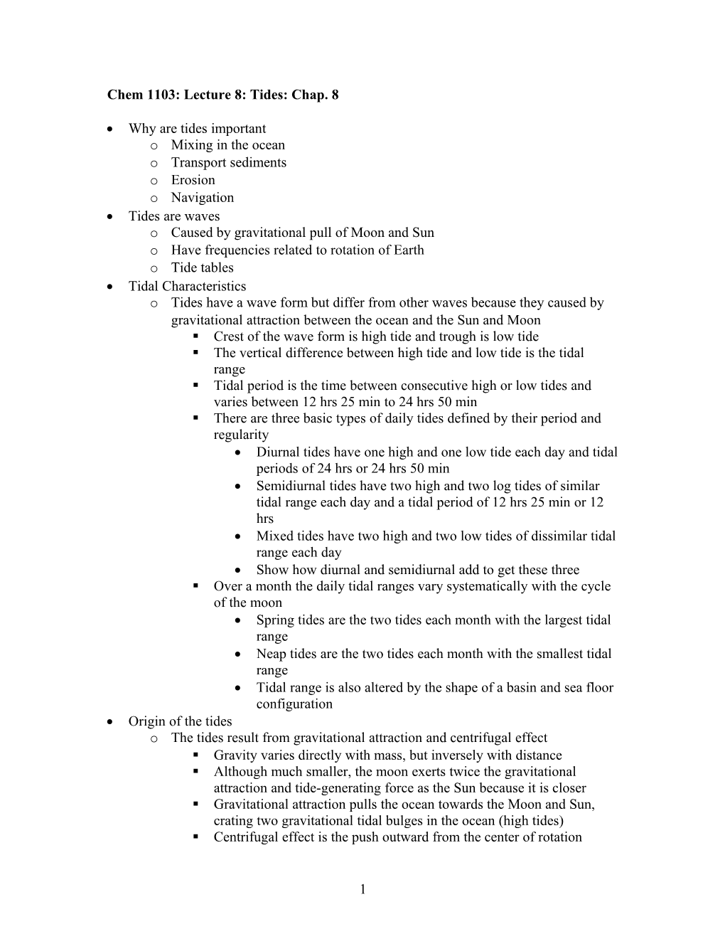 Chem 1103: Lecture 8: Tides: Chap. 8