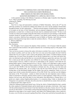 Kilkenny Corporation and the Home Rule Bill. the Ulster Exclusion Proposals. Discussion on the Sinn Fein Resolution. Question Referred to a Special Meeting