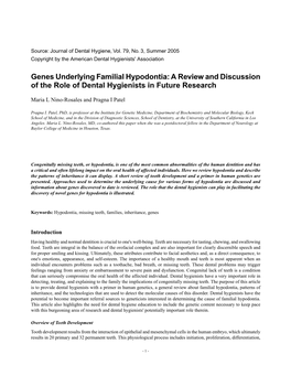 Genes Underlying Familial Hypodontia: a Review and Discussion of the Role of Dental Hygienists in Future Research