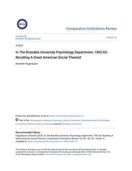 In the Brandeis University Psychology Department, 1962-65: Recalling a Great American Social Theorist
