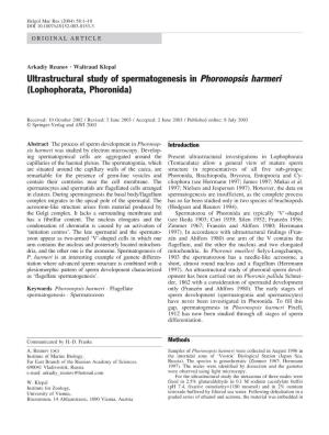 Ultrastructural Study of Spermatogenesis in Phoronopsis Harmeri (Lophophorata, Phoronida)
