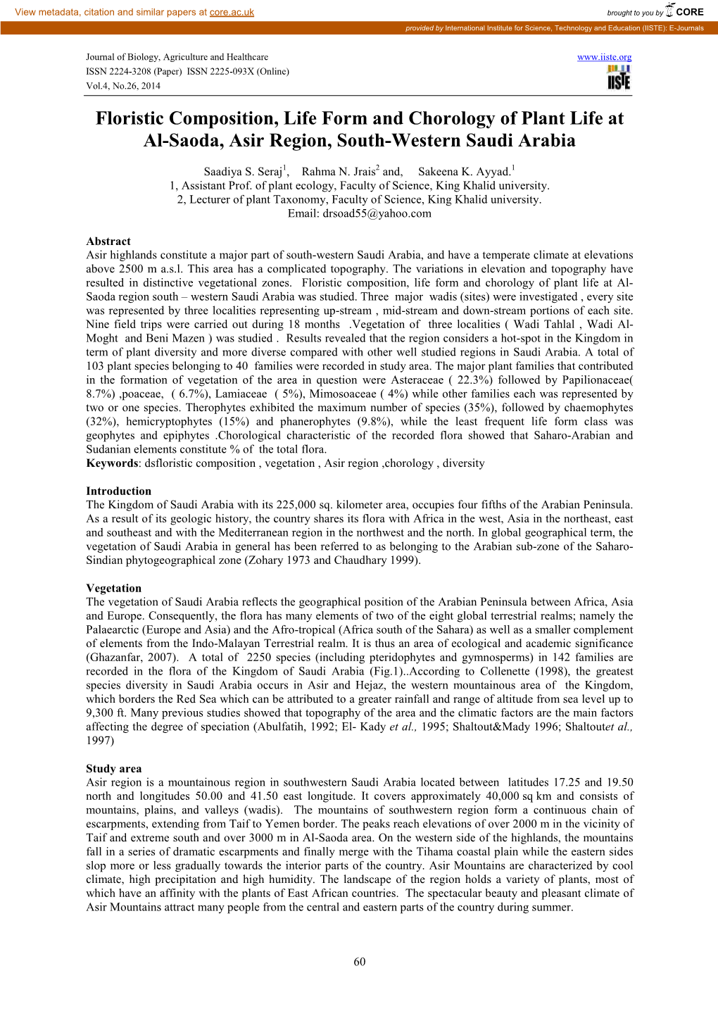 Floristic Composition, Life Form and Chorology of Plant Life at Al-Saoda, Asir Region, South-Western Saudi Arabia