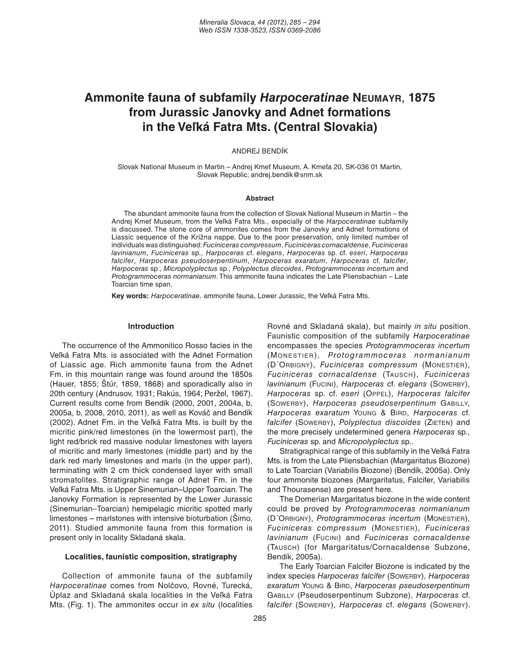 Ammonite Fauna of Subfamily Harpoceratinae Neumayr, 1875 from Jurassic Janovky and Adnet Formations in the Veľká Fatra Mts. (Central Slovakia)