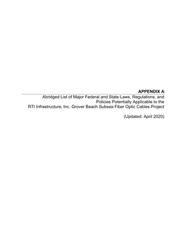 APPENDIX a Abridged List of Major Federal and State Laws, Regulations, and Policies Potentially Applicable to the RTI Infrastructure, Inc