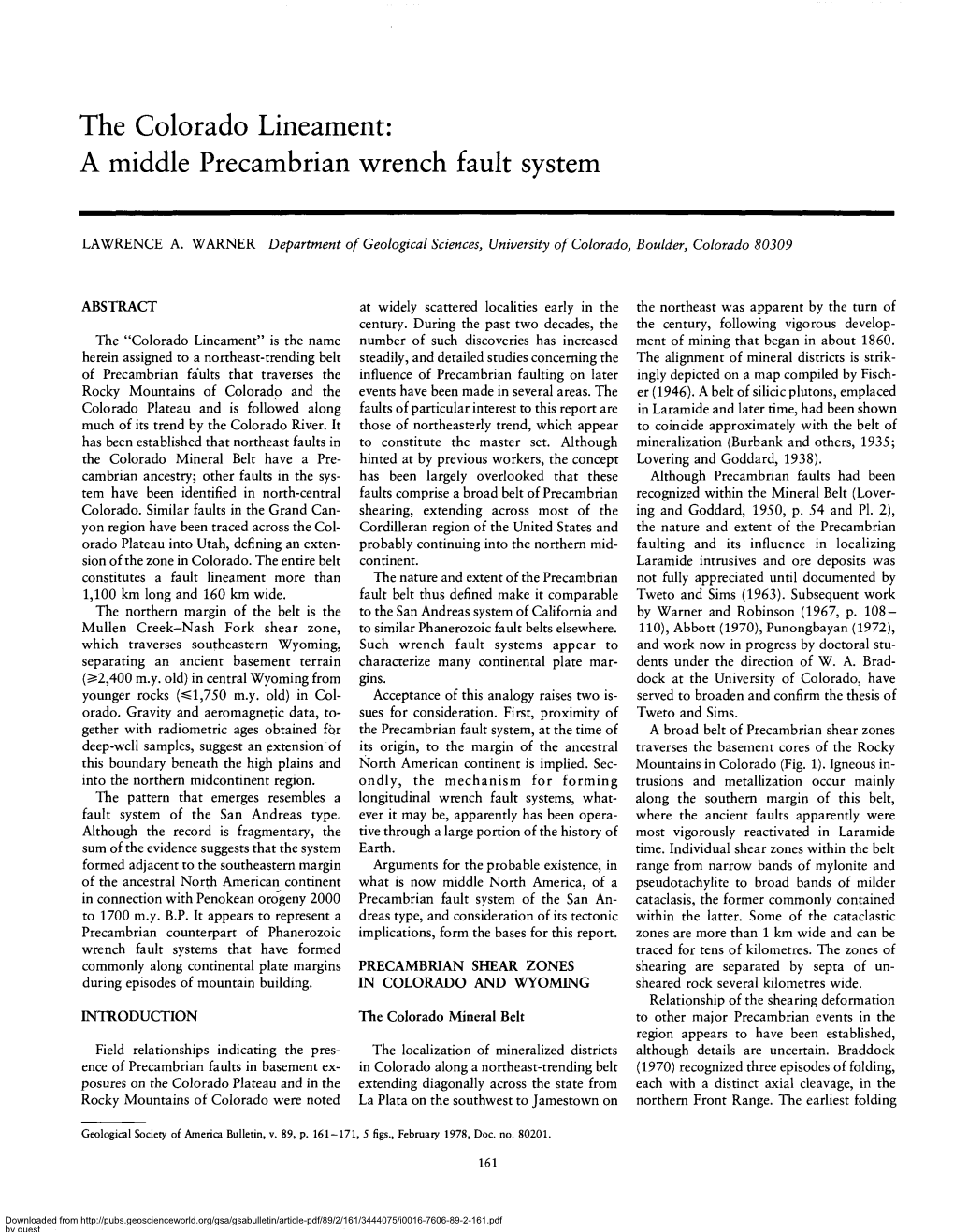 The Colorado Lineament: a Middle Precambrian Wrench Fault System