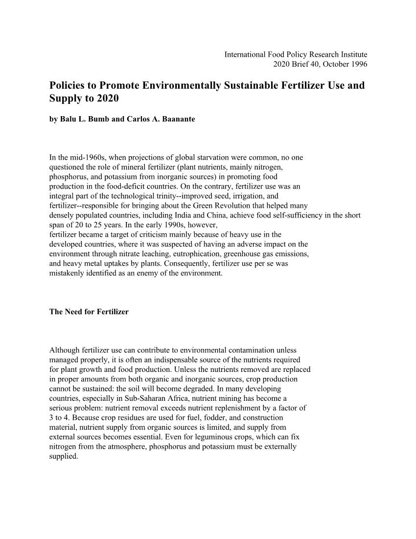 Policies to Promote Environmentally Sustainable Fertilizer Use and Supply to 2020 by Balu L