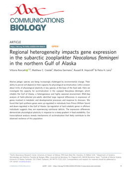 Regional Heterogeneity Impacts Gene Expression in the Subarctic Zooplankter Neocalanus ﬂemingeri in the Northern Gulf of Alaska