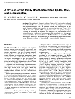 A Revision of the Family Rhachiberothidae Tjeder, 1959, Stat.N. {Neuroptera)