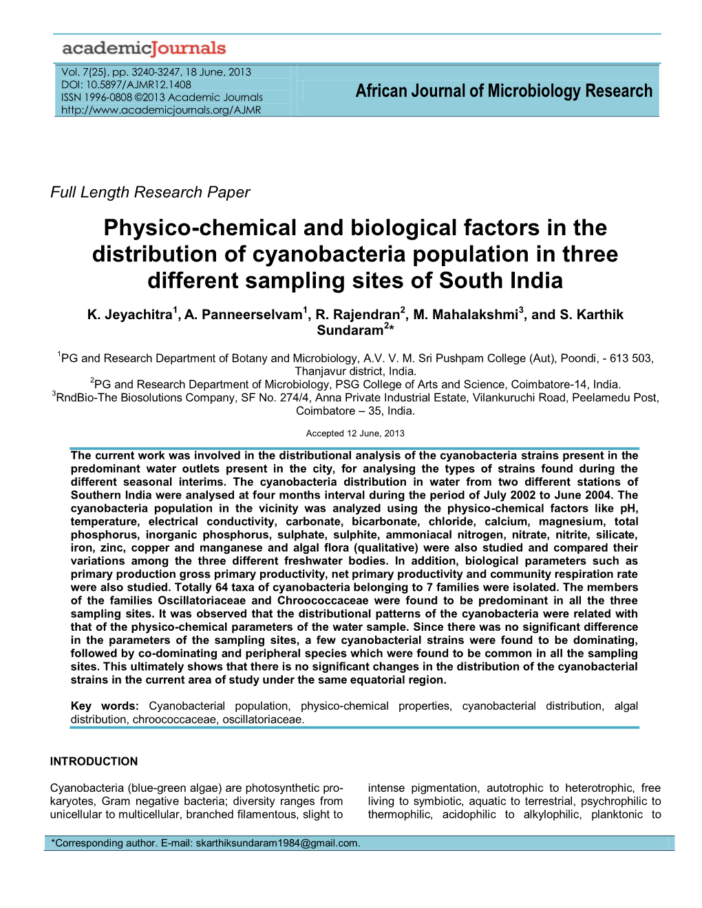 Physico-Chemical and Biological Factors in the Distribution of Cyanobacteria Population in Three Different Sampling Sites of South India