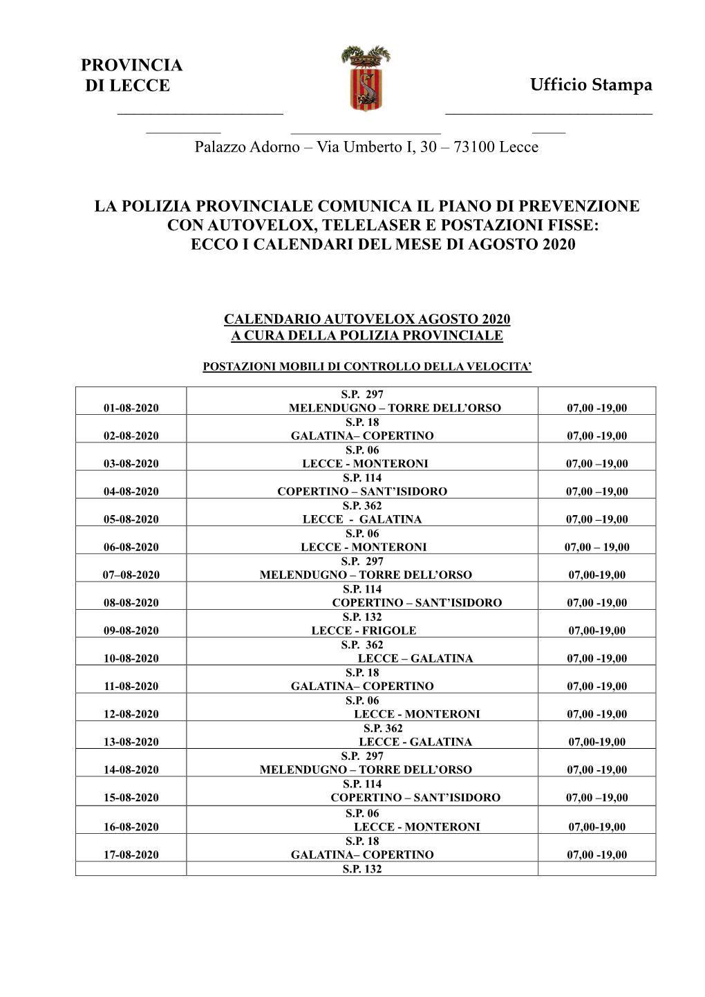 Calendario Autovelox E Telelaser Di Agosto 2020-2