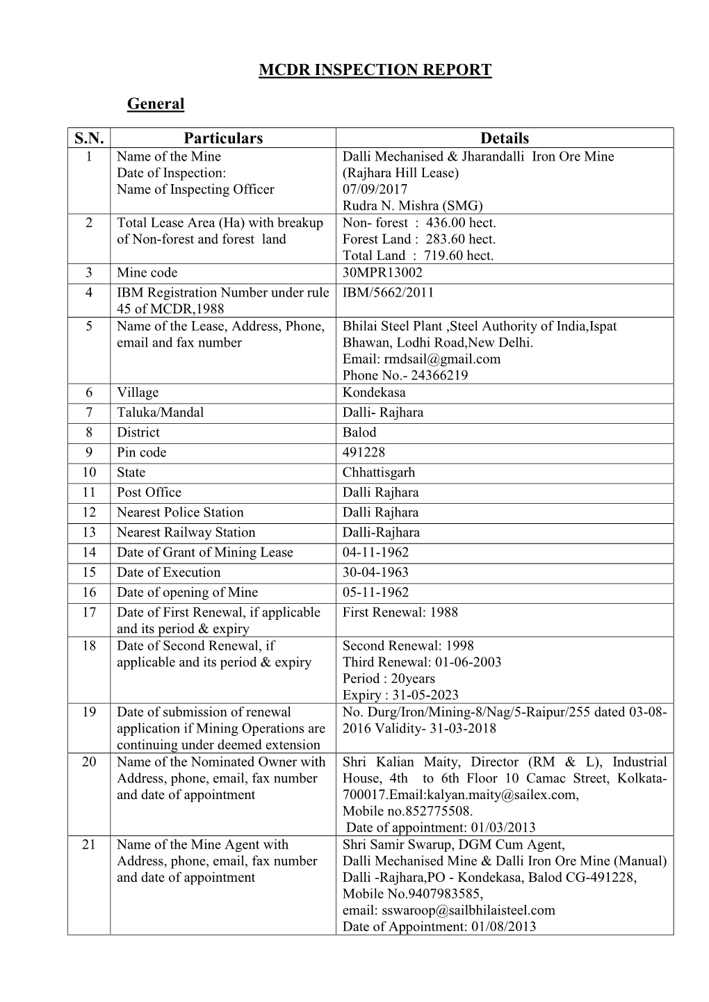 MCDR INSPECTION REPORT General S.N. Particulars Details