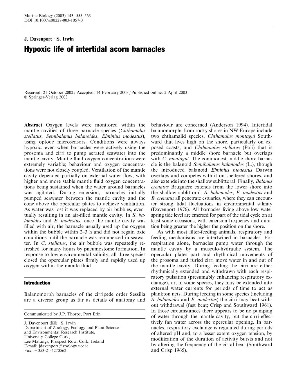 Hypoxic Life of Intertidal Acorn Barnacles