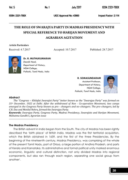 The Role of Swarajya Party in Madras Presidency with Special Reference to Harijan Movement and Agrarian Agitation