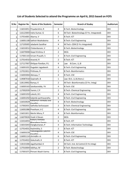 List of Students Selected to Attend the Programme on April 6, 2015 Based on FCFS