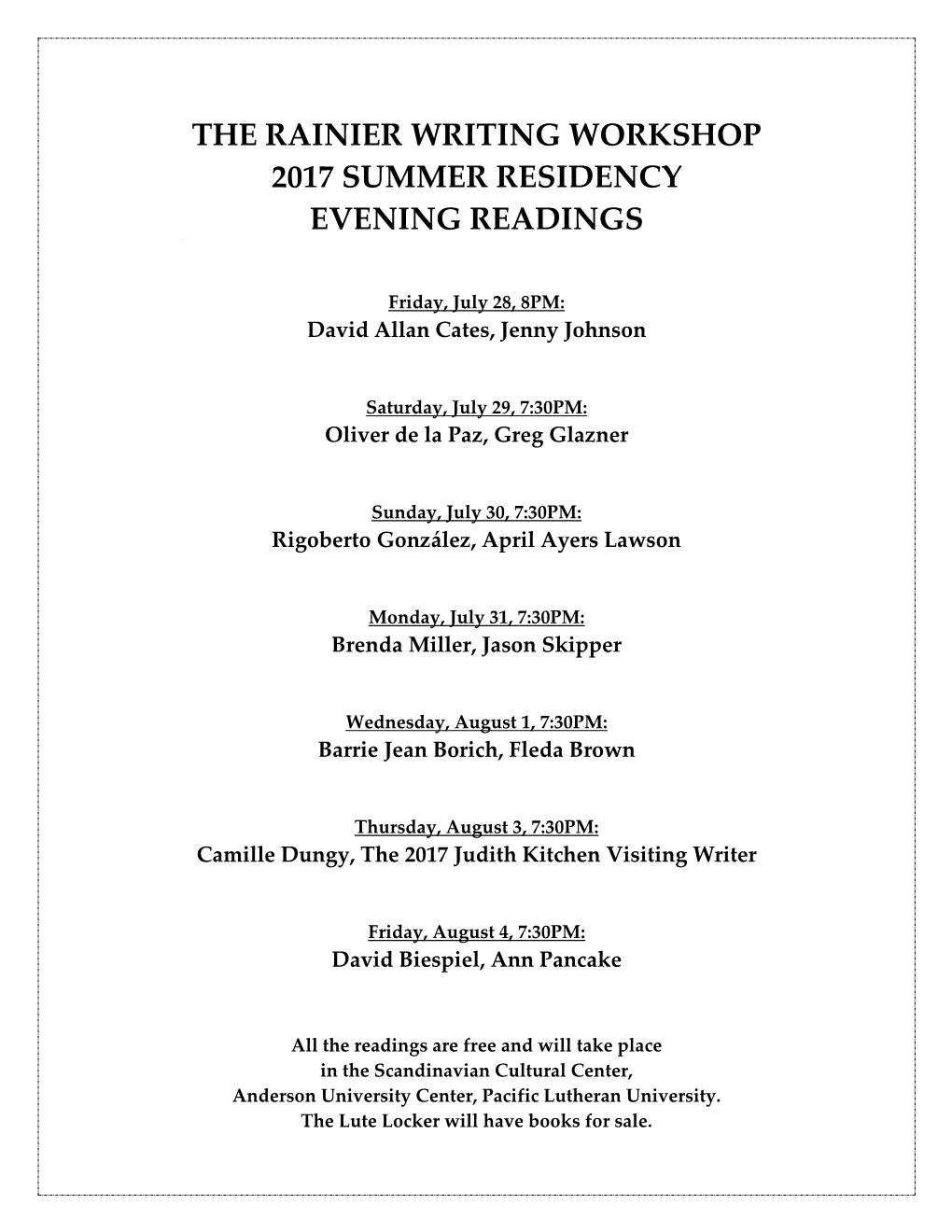 The Rainier Writing Workshop 2017 Summer Residency Evening Readings
