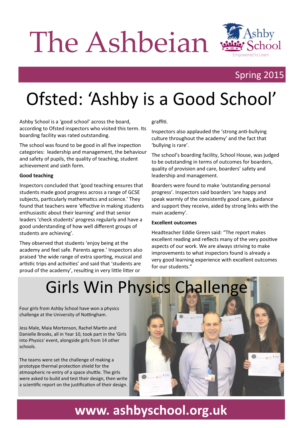 The Ashbeian Spring 2015 Ofsted: ‘Ashby Is a Good School’