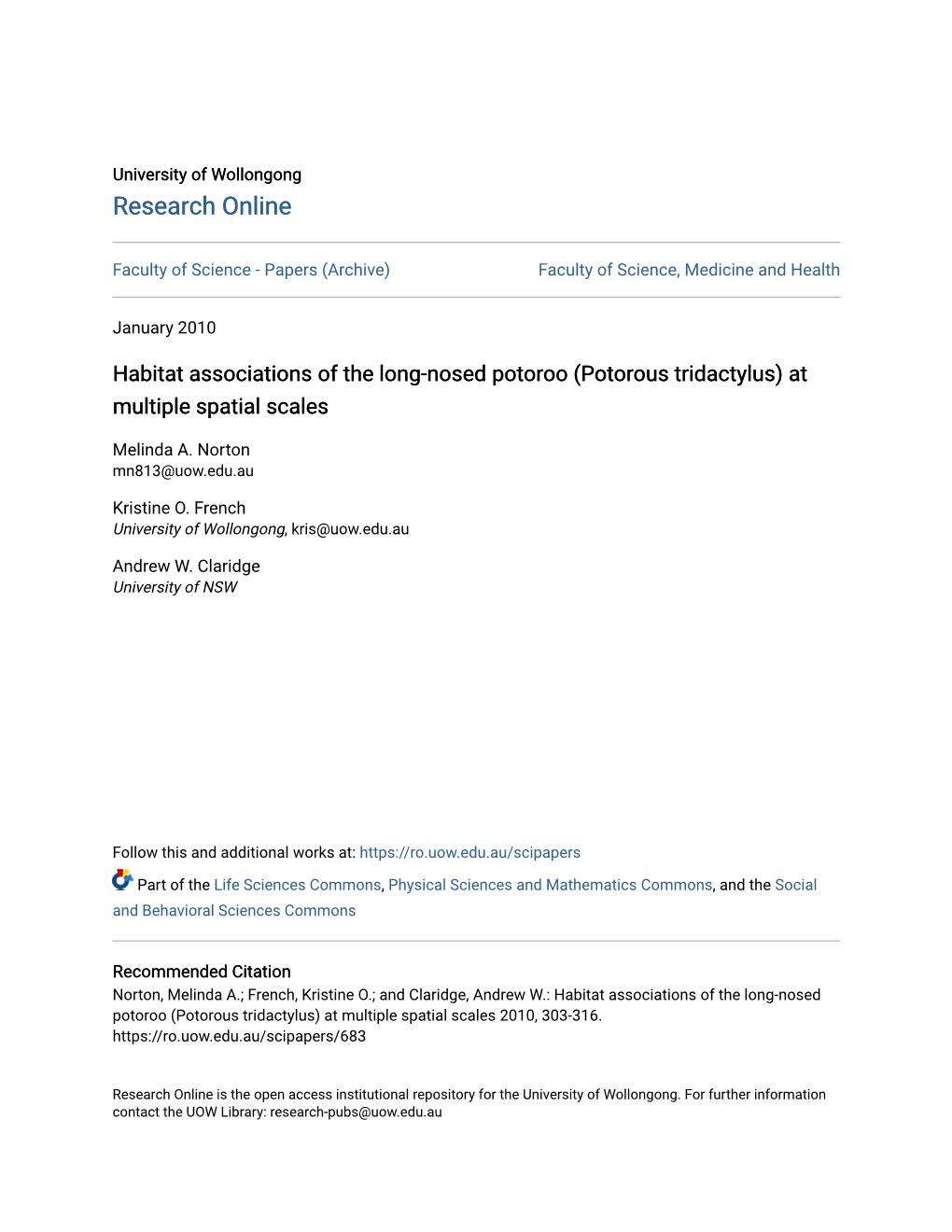 Potorous Tridactylus) at Multiple Spatial Scales