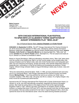 50Th Chicago International Film Festival to Open with Liv Ullmann's Torrid Adaptation of August Strindberg Play “Miss Julie”