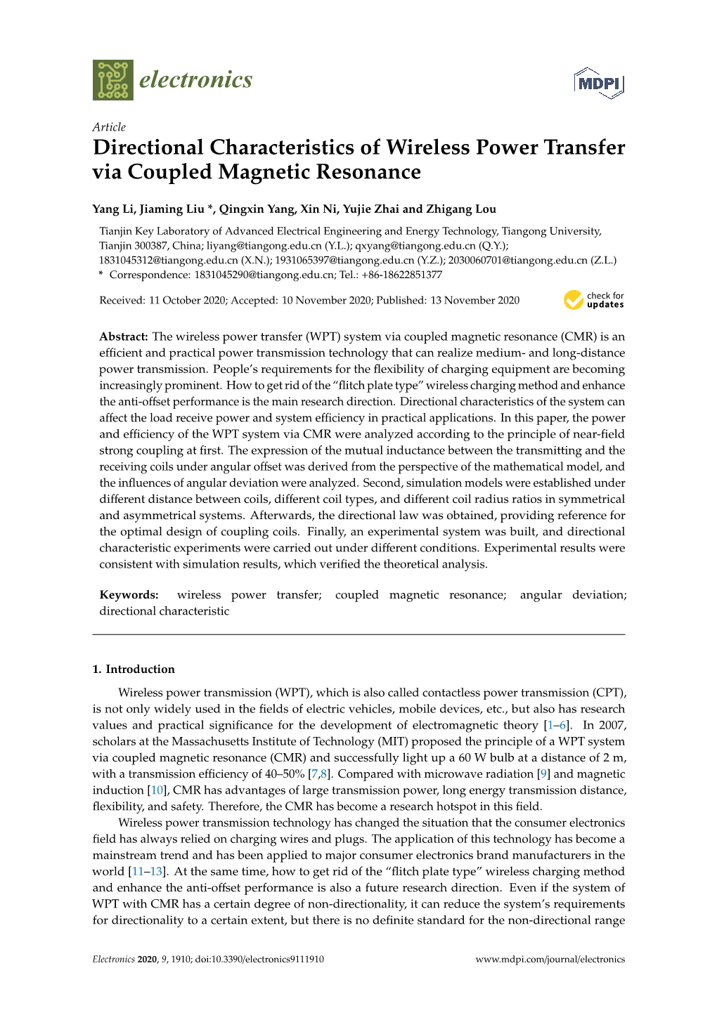 Directional Characteristics of Wireless Power Transfer Via Coupled Magnetic Resonance