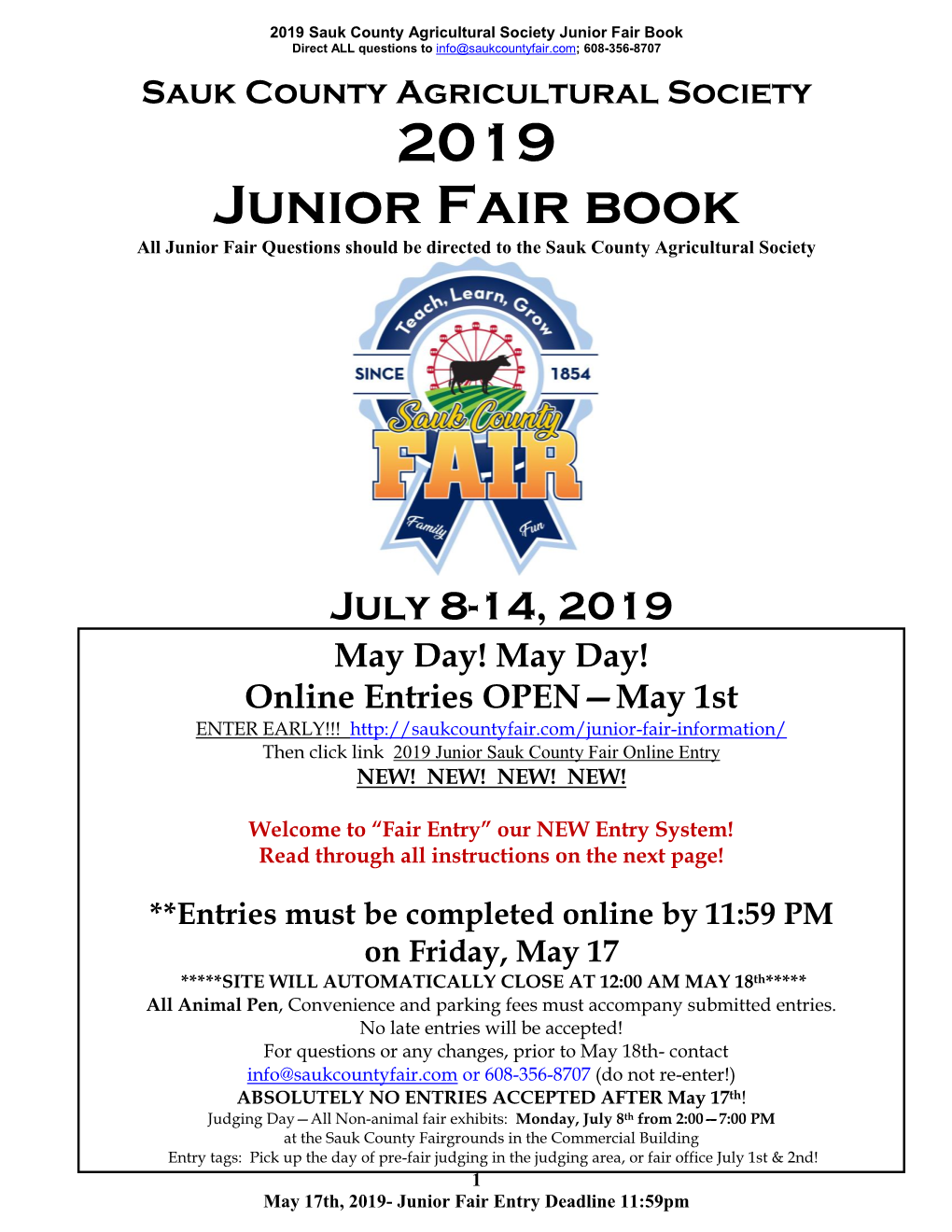 Junior Fair Book Index Department Page Department Page General Information 1-7 Dept