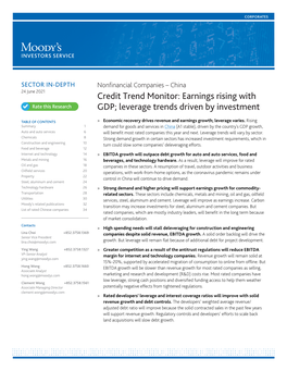 Credit Trend Monitor: Earnings Rising with GDP; Leverage Trends Driven by Investment