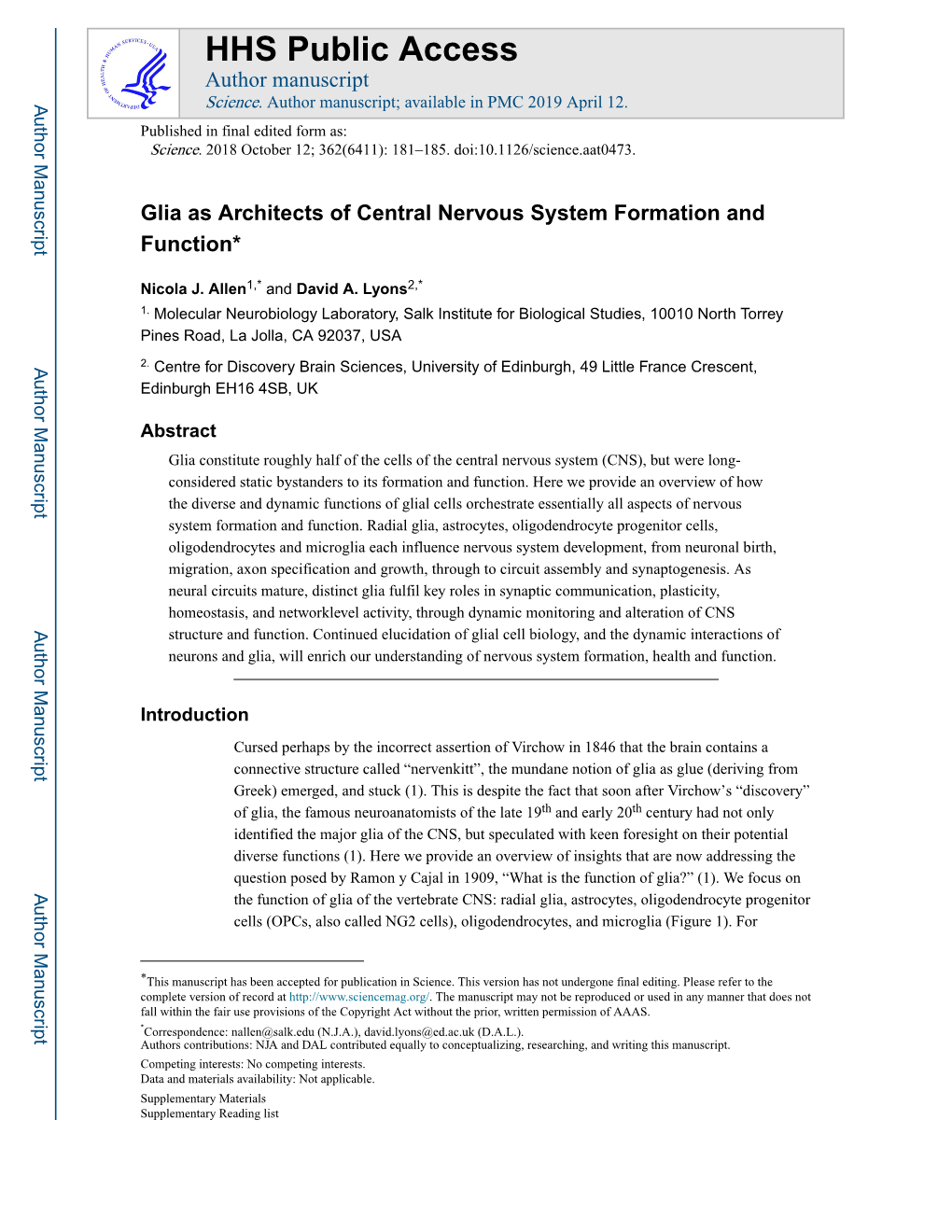 Glia As Architects of Central Nervous System Formation and Function*