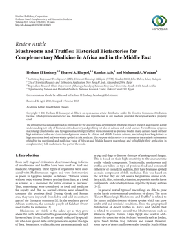 Review Article Mushrooms and Truffles: Historical Biofactories for Complementary Medicine in Africa and in the Middle East