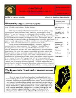 Spring-Summer 2013 Newsletter of the Marxist Sociology Section, ASA Volume 31, No