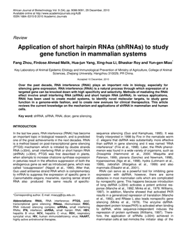 Application of Short Hairpin Rnas (Shrnas) to Study Gene Function in Mammalian Systems