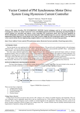 Vector Control of PM Synchronous Motor Drive System Using Hysteresis Current Controller