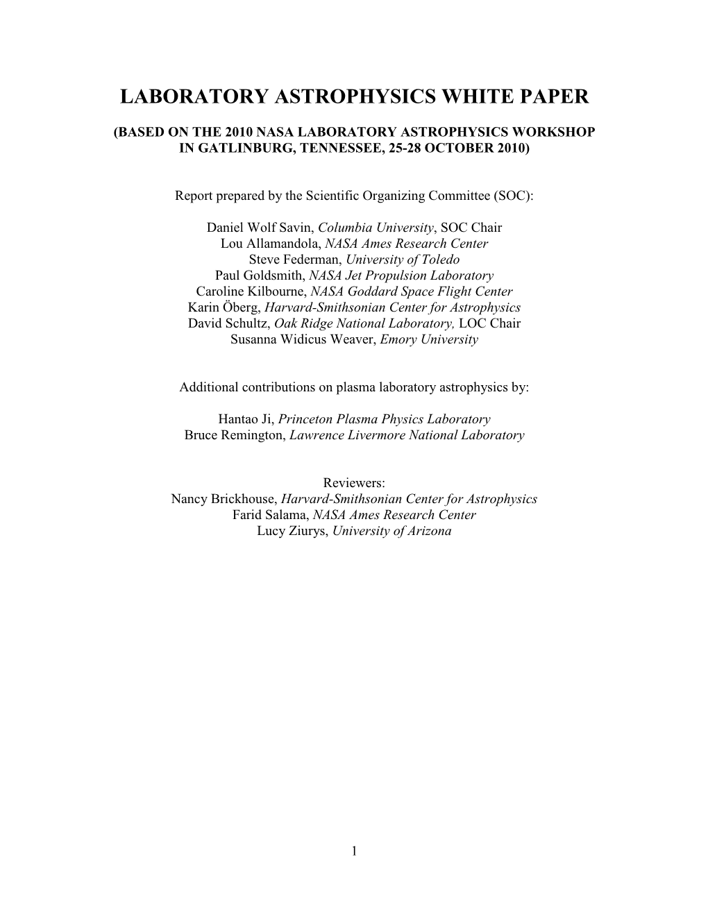 Laboratory Astrophysics White Paper