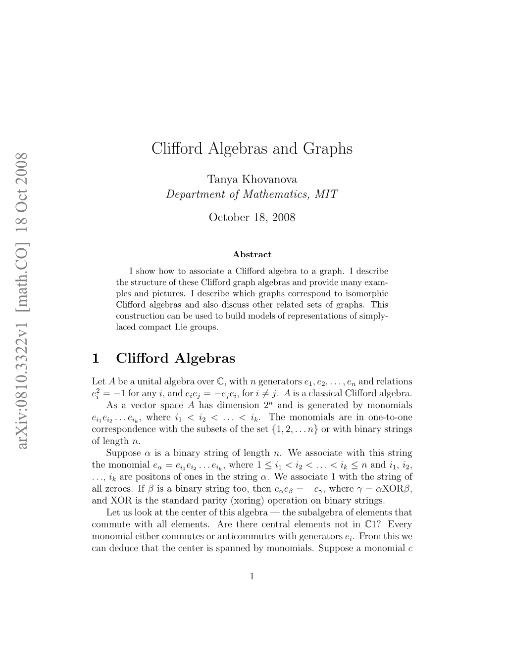 Arxiv:0810.3322V1 [Math.CO] 18 Oct 2008 Clifford Algebras and Graphs