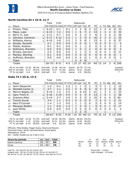 Official Basketball Box Score -- Game Totals -- Final Statistics North Carolina Vs Duke 03/03/18 8:15 P.M