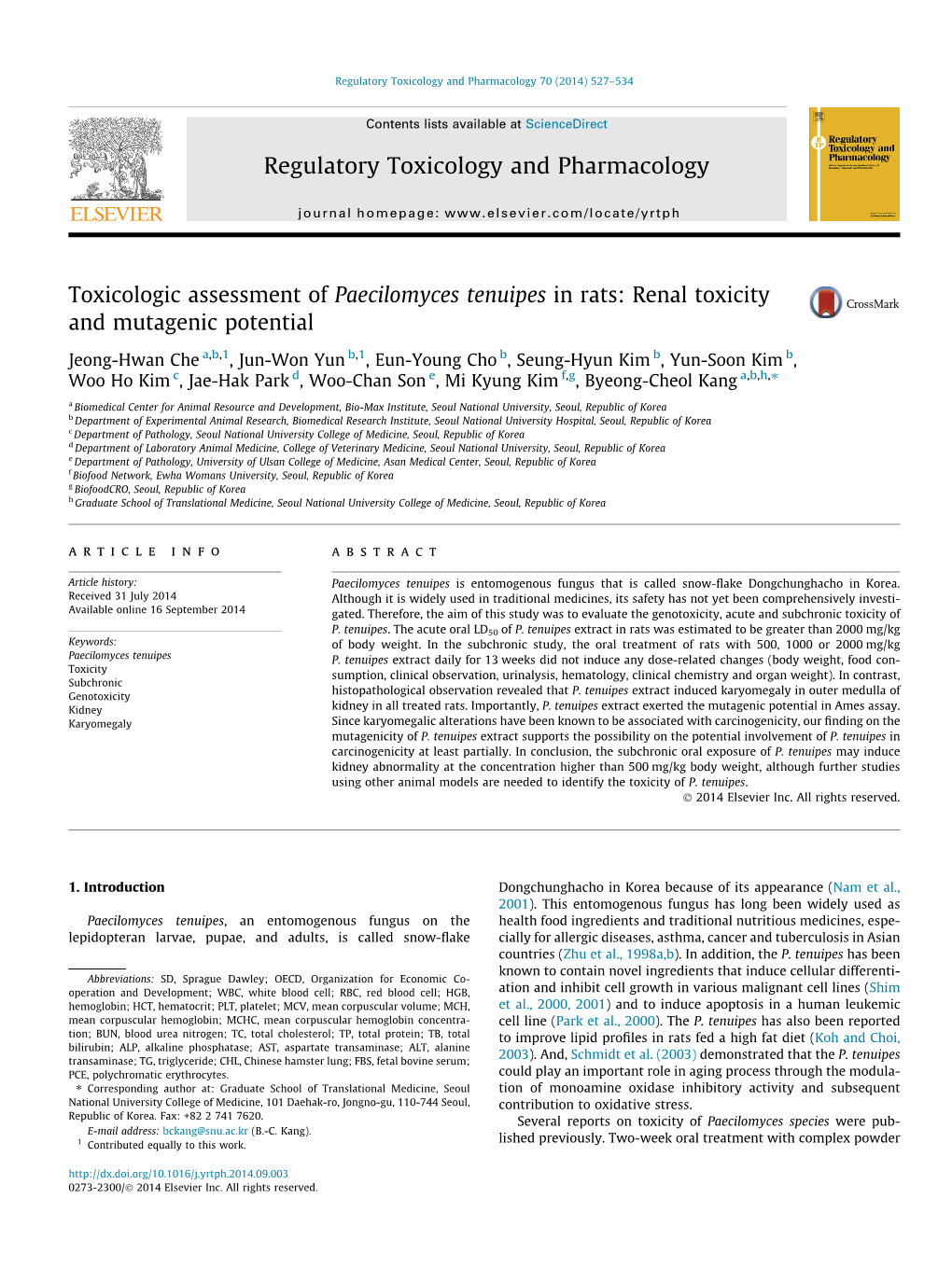 Toxicologic Assessment of Paecilomyces Tenuipes in Rats: Renal Toxicity and Mutagenic Potential