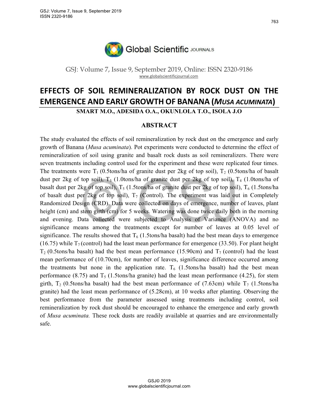 Effects of Soil Remineralization by Rock Dust on the Emergence and Early Growth of Banana (Musa Acuminata) Smart M.O., Adesida O.A., Okunlola T.O., Isola J.O