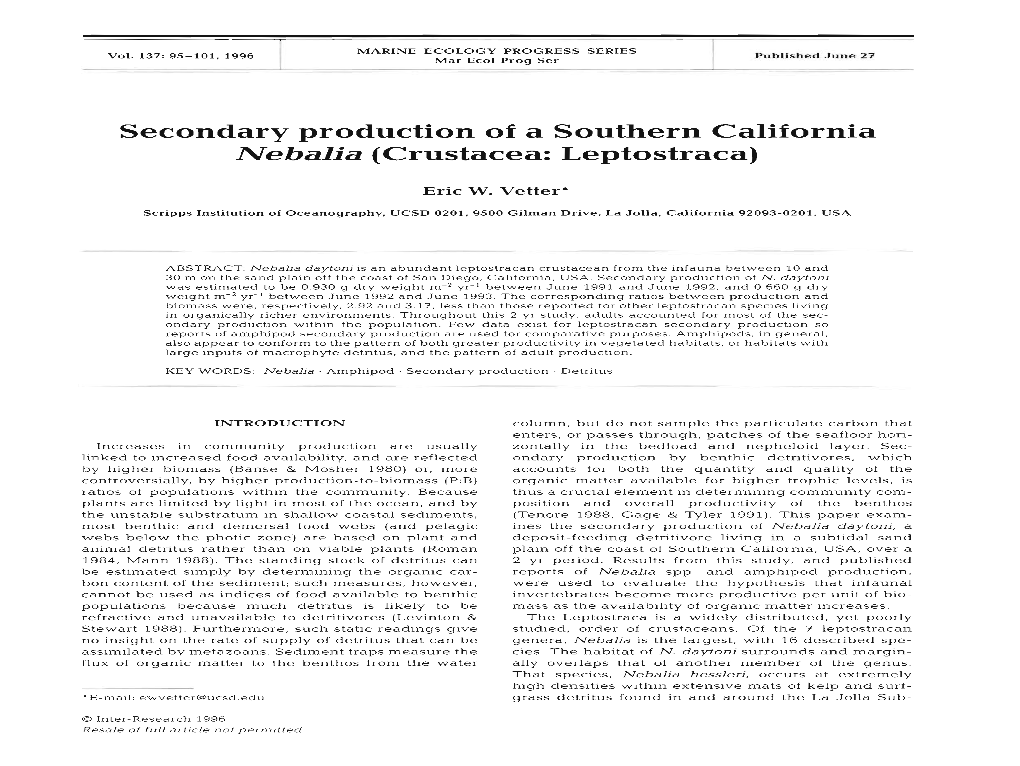 Secondary Production of a Southern California Nebalia (Crustacea: Leptostraca)