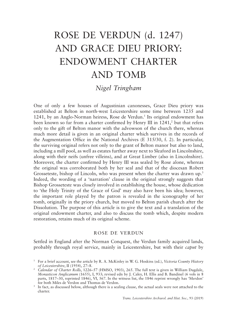 ROSE DE VERDUN (D. 1247) and GRACE DIEU PRIORY: ENDOWMENT CHARTER and TOMB Nigel Tringham