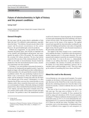 Future of Electrochemistry in Light of History and the Present Conditions