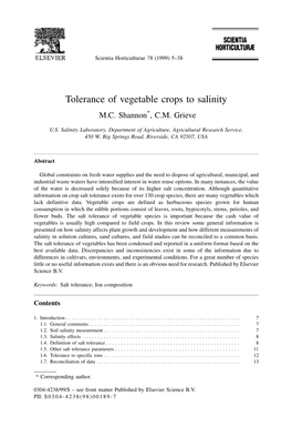 Tolerance of Vegetable Crops to Salinity M.C