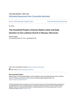 The Household Prayers of Doctor Martin Luther and Daily Devotion at Zion Lutheran Church in Wausau, Wisconsin