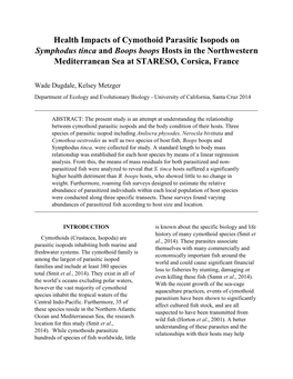 Health Impacts of Cymothoid Parasitic Isopods on Symphodus Tinca and Boops Boops Hosts in the Northwestern Mediterranean Sea at STARESO, Corsica, France
