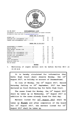 It Is Hereby Circulated for Information That Delhi High Court Shall Observe Monday, the 14Th August 2017, As Holiday on Account of Janamashtami