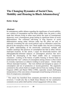 The Changing Dynamics of Social Class, Mobility and Housing in Black Johannesburg1