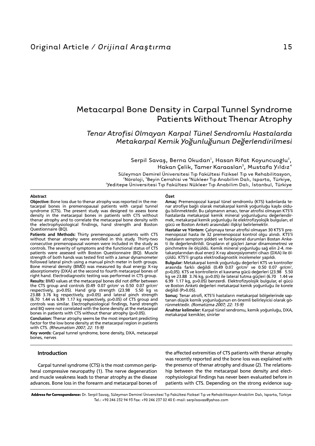 Metacarpal Bone Density in Carpal Tunnel Syndrome Patients Without