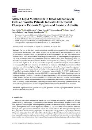 Altered Lipid Metabolism in Blood Mononuclear Cells of Psoriatic Patients Indicates Diﬀerential Changes in Psoriasis Vulgaris and Psoriatic Arthritis