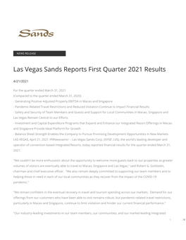 Las Vegas Sands Reports First Quarter 2021 Results