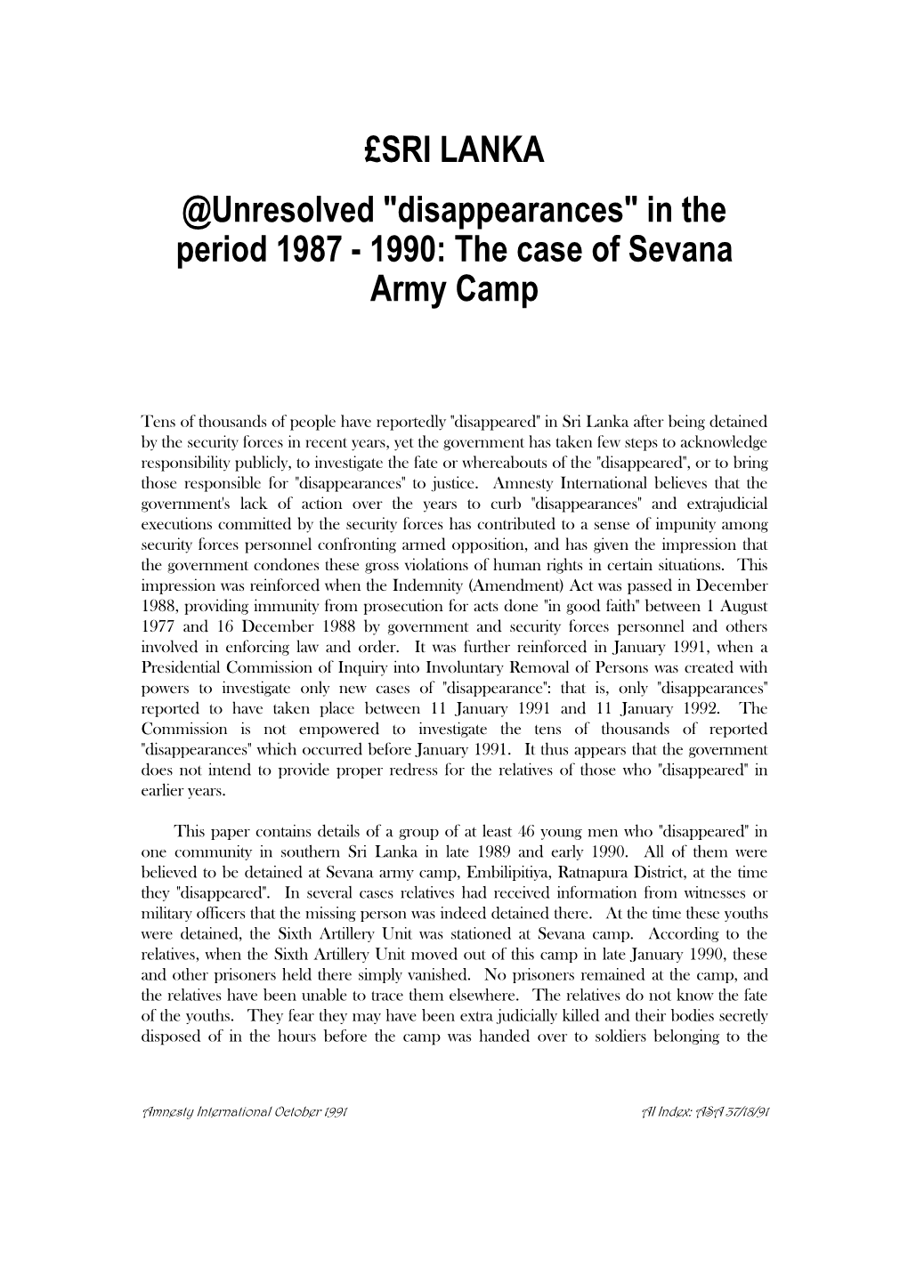 £SRI LANKA @Unresolved "Disappearances" in the Period